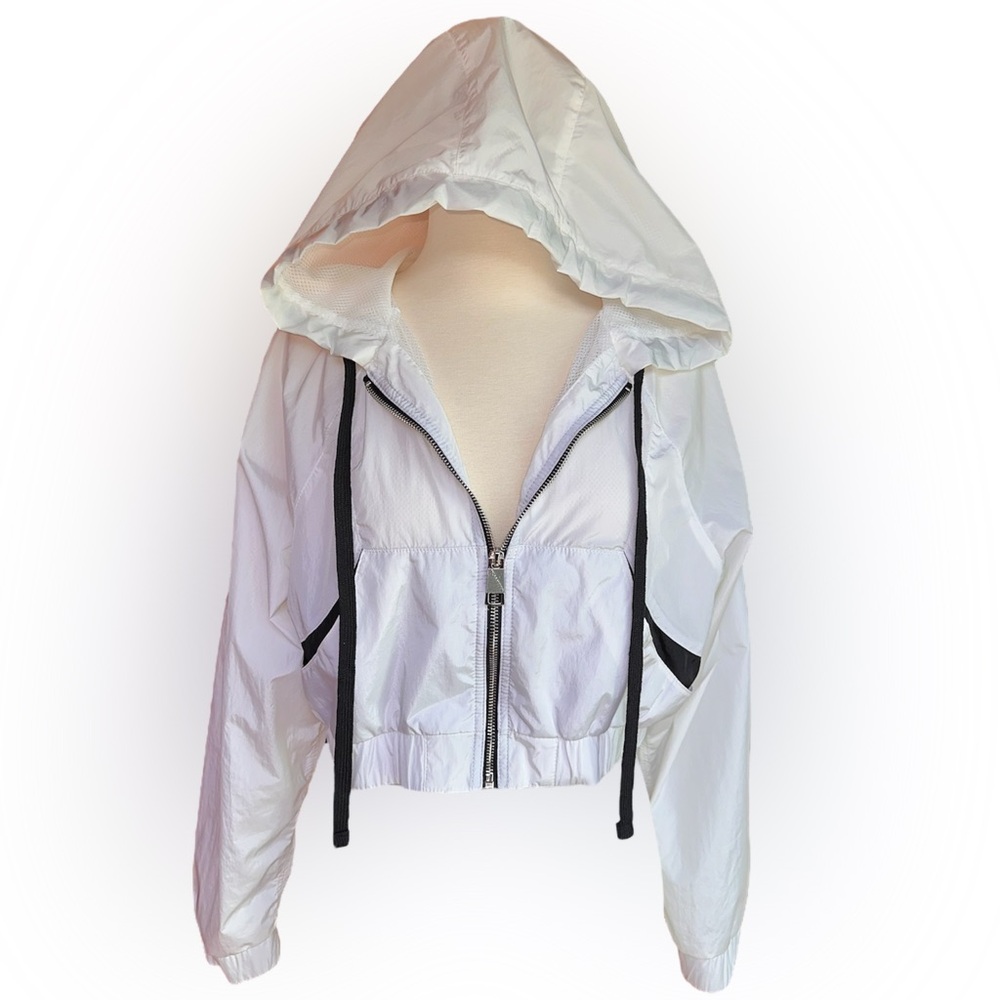 Hollister White Bomber Jacket with Hood and Elastic Waist - Size M